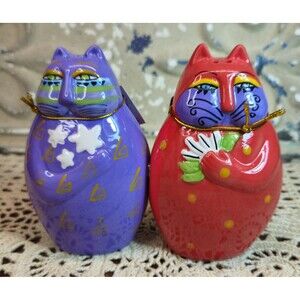 NIB Laurel Burch Ceramic Magnetic Salt Pepper Shakers Wishing Cats Red & Purple